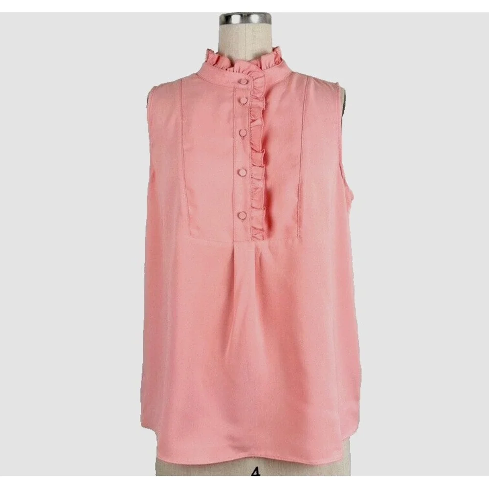 J. CREW Top Size 4 Pink Coral Sleeveless Blouse Size 4 Ruffle Collar Preppy